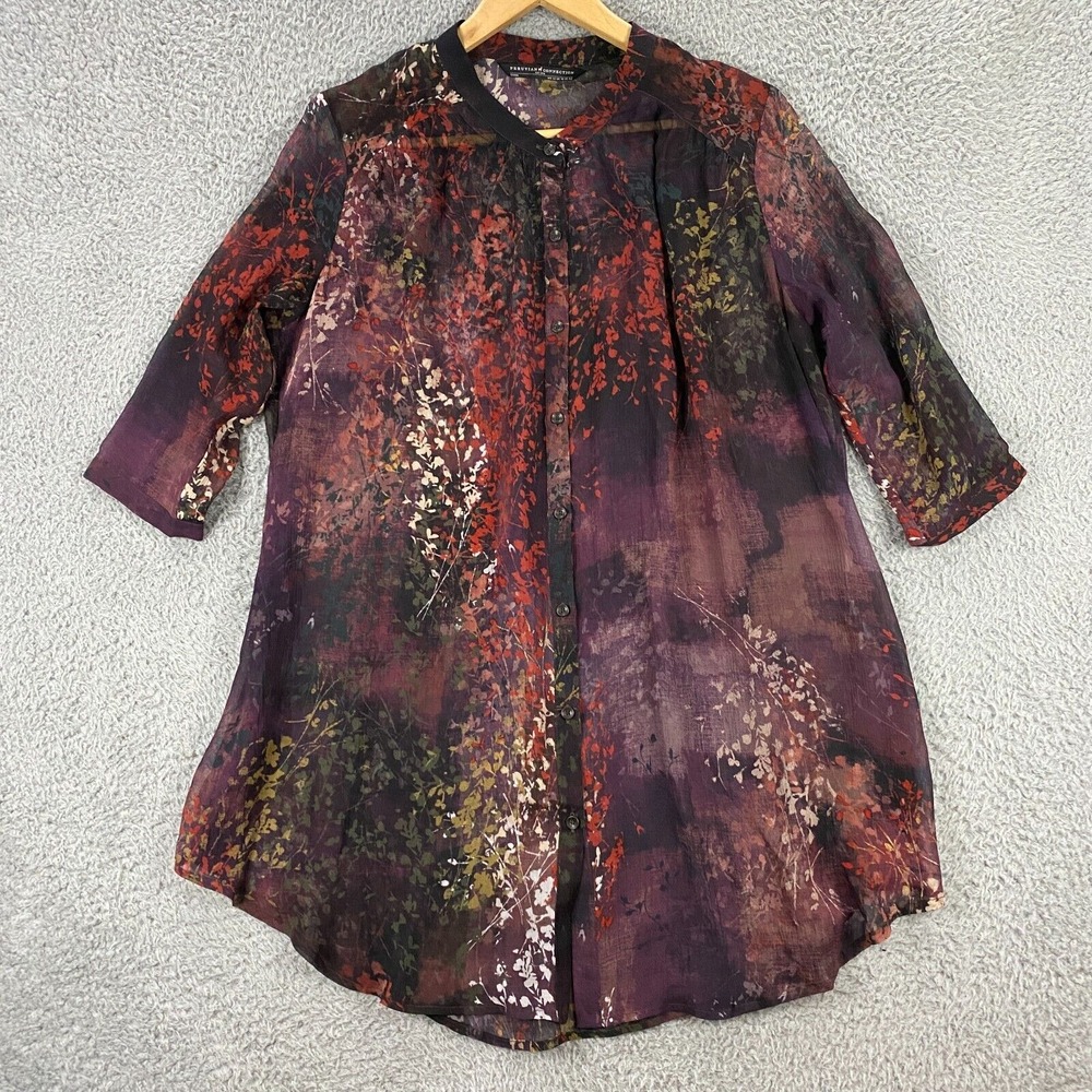 Peruvian Connection Dress Womens 12 Sheer Floral Button Up Mini Tunic Floral‎